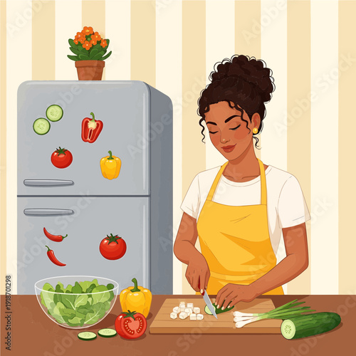 A woman in a yellow apron chopping fresh vegetables on a cutting board in a kitchen with a refrigerator and salad bowl.