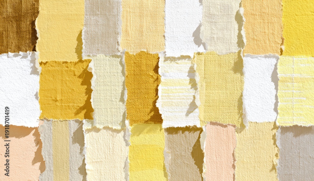 Fototapeta premium Collection of assorted, torn paper swatches, displaying variations of yellows and whites