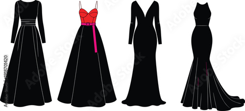 Elegant evening gown silhouettes collection, women formal dress fashion design set, luxury long dresses concept, black vector illustration isolated on white background