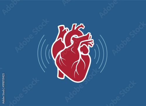 Anatomical illustration of a human heart with sound waves emanating, medical concept.