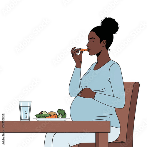 A pregnant Black woman eating a healthy meal with vegetables and water at a table.