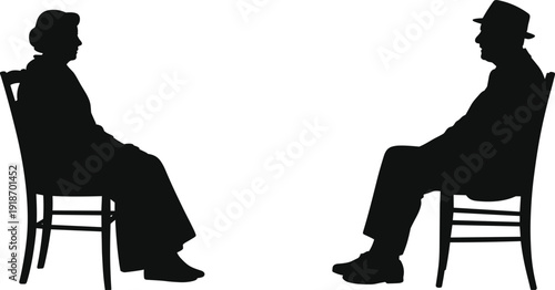 Silhouette of elderly man and woman sitting on chairs facing each other isolated on white background senior couple conversation concept