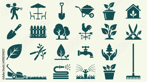 Gardening and Farming Vector Icons Set: Tools, Plants, and Outdoor Elements