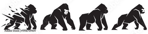 Four gorillas in silhouette, showing a progression from disintegration to solid form.