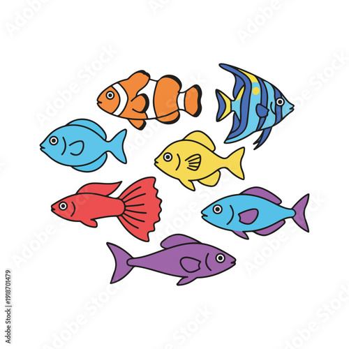 Colorful vector fish set isolated on white background, flat design cartoon sea creatures illustration