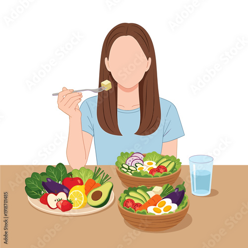 A woman eating a healthy salad with fresh fruits and vegetables on a table, promoting a balanced diet.