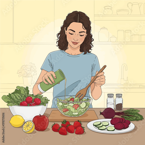 A woman in a kitchen preparing a fresh salad with various fruits and vegetables on the counter.