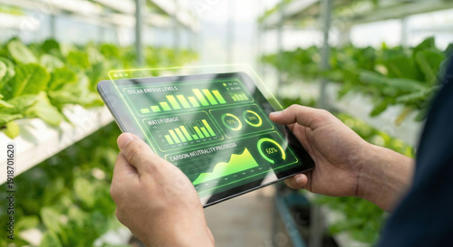 Modern greenhouse agriculture technology farming digital tablet displaying growth statistics solar water carbon charts
