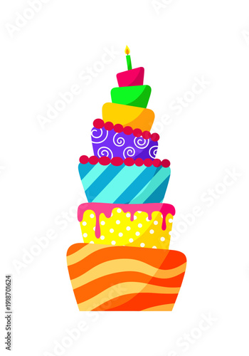 A whimsical, topsy-turvy cake displays a vibrant stack of mismatched layers featuring stripes, polka dots, and swirls, all culminating in a single green candle atop the precarious peak