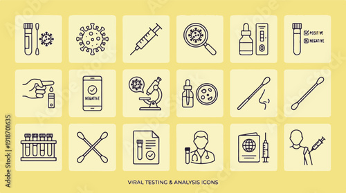 Collection of Viral Testing, Analysis, and Vaccination Line Icons