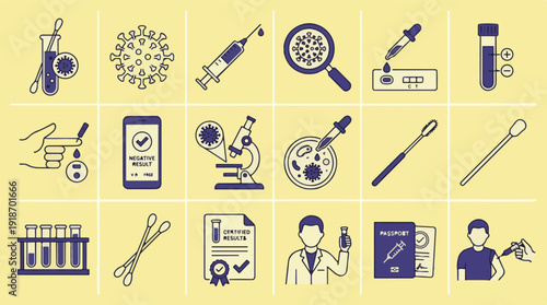 Medical testing and vaccination icons for virus diagnosis and prevention