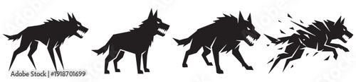 Sequence of a wolf silhouette showing different stages of movement and action, from standing to running.