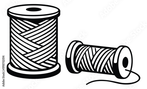 Line art thread spools set featuring spools in standing and lying positions for sewing and craft