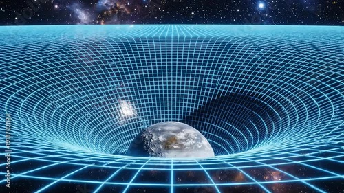 Gravitational field around Earth in space with grid distortion.