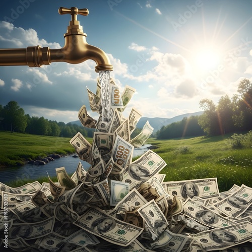 Money flowing from a faucet into a pile of cash in a serene natural setting