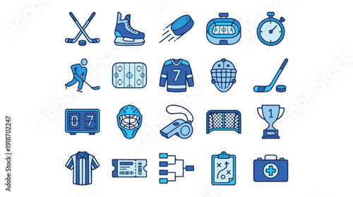 Ice Hockey Sport Equipment and Game Elements Icons Set