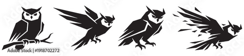 Collection of stylized black owl silhouettes in various dynamic poses, including perched, flying, and disintegrating.