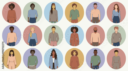 Diverse group of illustrated people icons in circles showcasing various identities