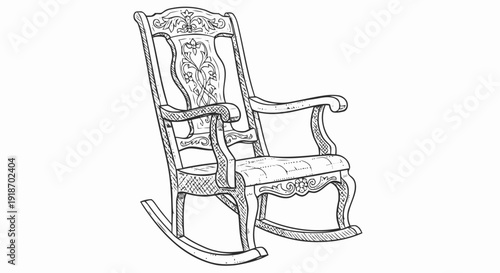 Antique Wooden Rocking Chair Sketch Illustration.