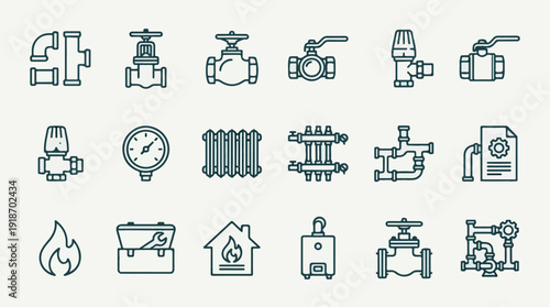 Collection of Line Icons for Plumbing, Heating and HVAC Systems