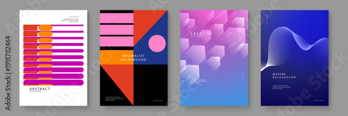 Collection of four versatile abstract poster designs including memphis style, stripes, and digital wave patterns