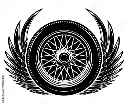 Retro car wheel with classic wire spokes and stylized wings, a vintage automotive emblem.