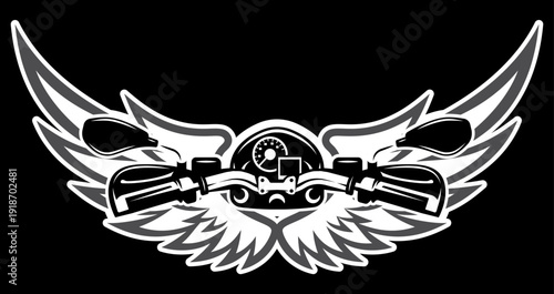 Motorcycle handlebars with speedometer and stylized wings, a cool biker emblem in monochrome.