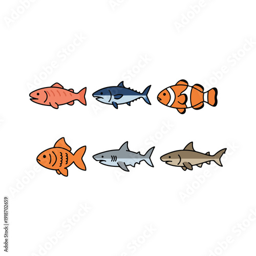 Colorful vector fish set isolated on white background, flat design cartoon sea creatures illustration