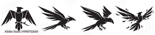 Set of four stylized black bird silhouettes in flight, representing different stages of movement and abstraction.