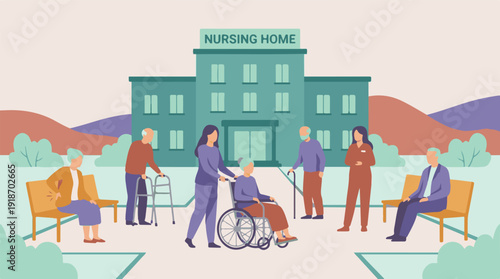 Elderly people and caregivers outside a modern nursing home building