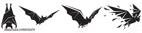 Sequence of black bat silhouettes showing different stages of flight and transformation.