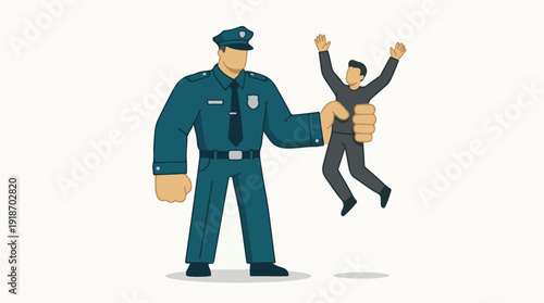 Policeman holding a small person, law enforcement and power concept