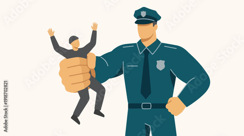 Police Officer's Hand Holding Small Vulnerable Person, Symbolizing Power and Control