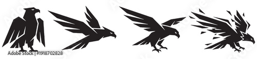 Sequence of a black eagle silhouette in motion, from standing to flying and dissolving.