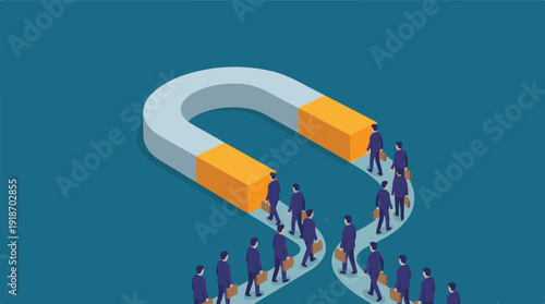 Businessmen attracted by magnet. Recruitment, marketing, lead generation concept.