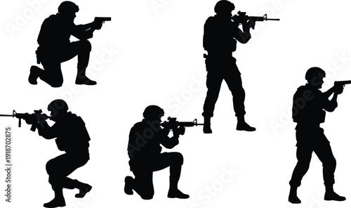 Military soldier silhouettes aiming rifles and pistols in tactical combat positions isolated on white background, armed forces vector illustration set
