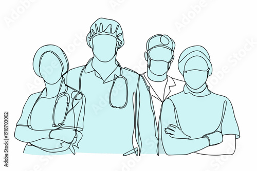 Line drawing depicts four healthcare professionals in protective gear