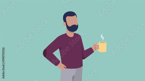 Minimalist illustration of a bearded man holding a steaming coffee mug