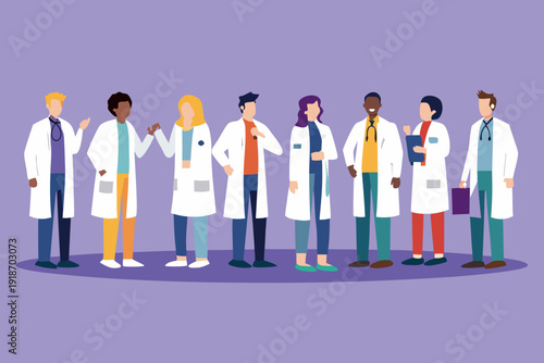 Diverse group of medical professionals standing in a row illustrated style