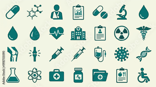 Medical and scientific icons set for health, research, and healthcare