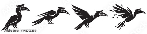 Sequence of a hornbill bird taking flight and transforming into abstract shapes.