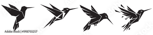 Sequence of a hummingbird in flight, depicted as a geometric origami style, showing motion and transformation.