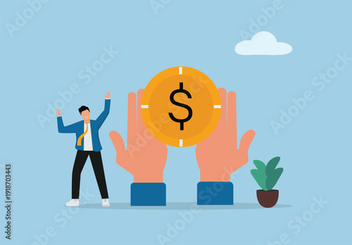 Hands holding dollar coin, man celebrating finance success