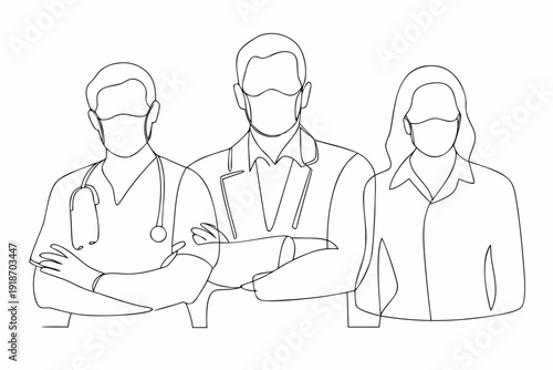 Line art illustration of three medical professionals wearing face masks