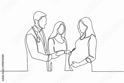 Line art illustration of a doctor consulting with a pregnant couple
