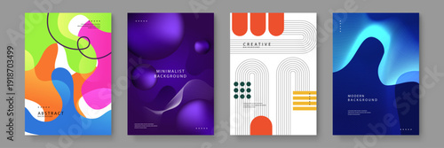 A set of four creative backgrounds featuring liquid gradients organic blobs and minimalist geometric line art elements for contemporary branding