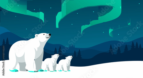 Serene Polar Bear Family Gazing at Aurora Borealis in Snowy Night Vector Illustration