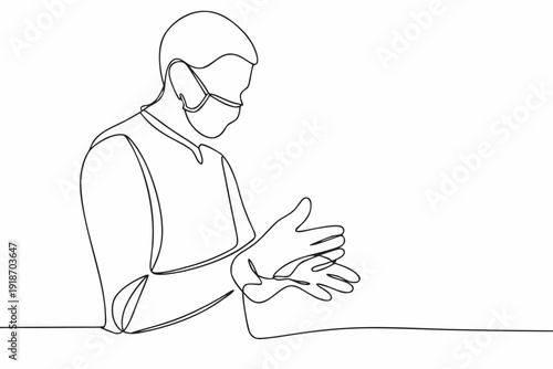 One continuous line drawing of a man wearing a mask and sanitizing hands