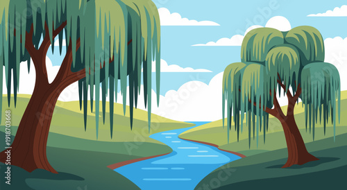 Vector Illustration of a Winding River Flanked by Willow Trees in a Peaceful Sky-Flanked Landscape