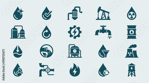 Industrial and Environmental Icons Set for Water, Oil, and Energy